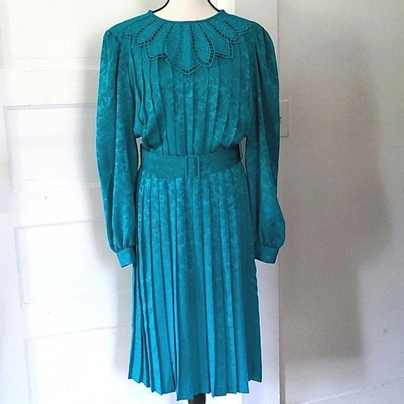 Vintage Turquoise Pleated Dress - Picture 1 of 6